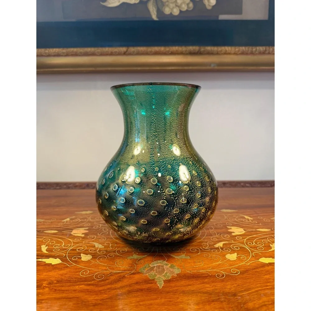 Signed Barbini Murano Art Glass Vase Emerald Green Gold Aventurine Bullicante 7